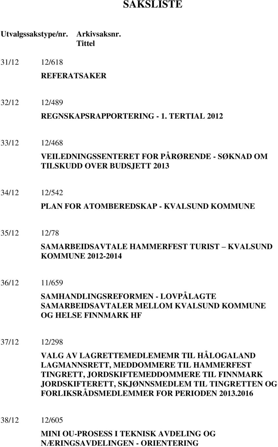 HAMMERFEST TURIST KVALSUND KOMMUNE 2012-2014 36/12 11/659 SAMHANDLINGSREFORMEN - LOVPÅLAGTE SAMARBEIDSAVTALER MELLOM KVALSUND KOMMUNE OG HELSE FINNMARK HF 37/12 12/298 VALG AV