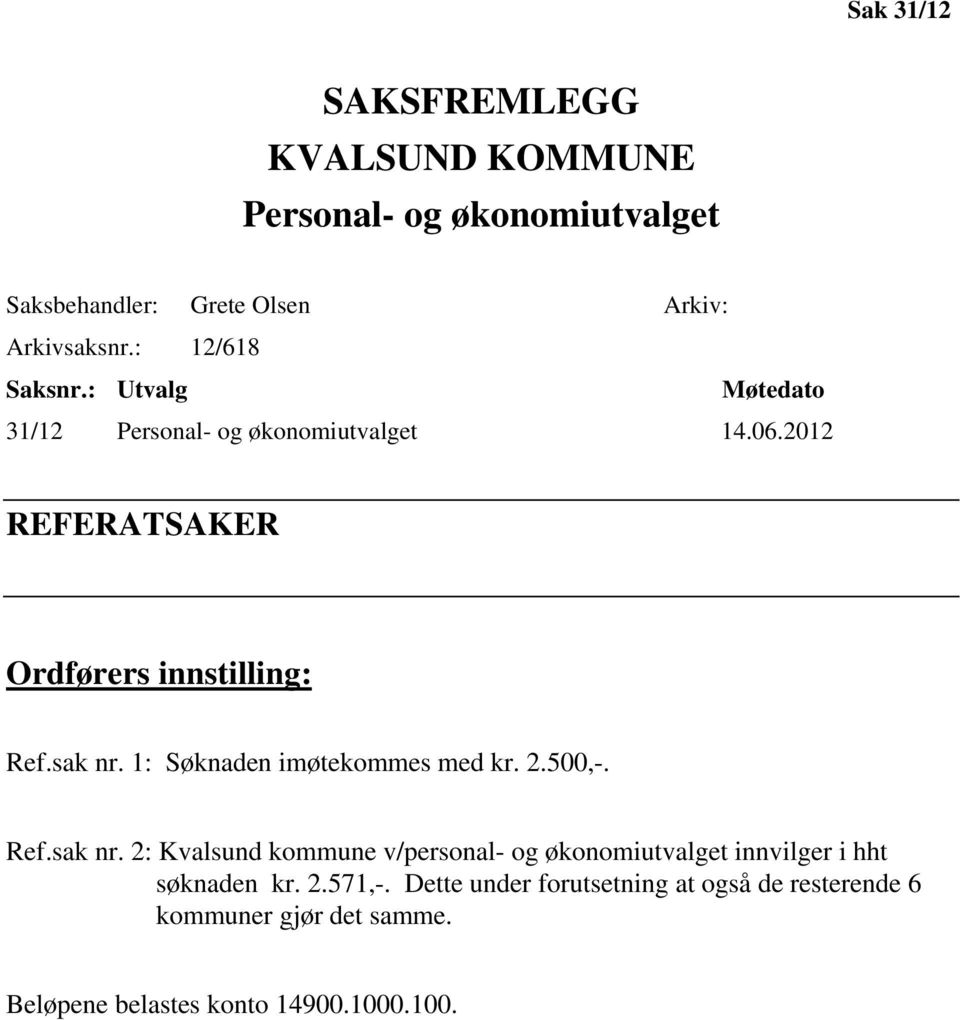 sak nr. 1: Søknaden imøtekommes med kr. 2.500,-. Ref.sak nr. 2: Kvalsund kommune v/personal- og økonomiutvalget innvilger i hht søknaden kr.