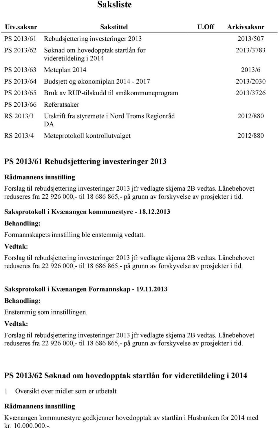 Budsjett og økonomiplan 2014 2017 2013/2030 PS 2013/65 Bruk av RUPtilskudd til småkommuneprogram 2013/3726 PS 2013/66 RS 2013/3 Referatsaker Utskrift fra styremøte i Nord Troms Regionråd DA 2012/880