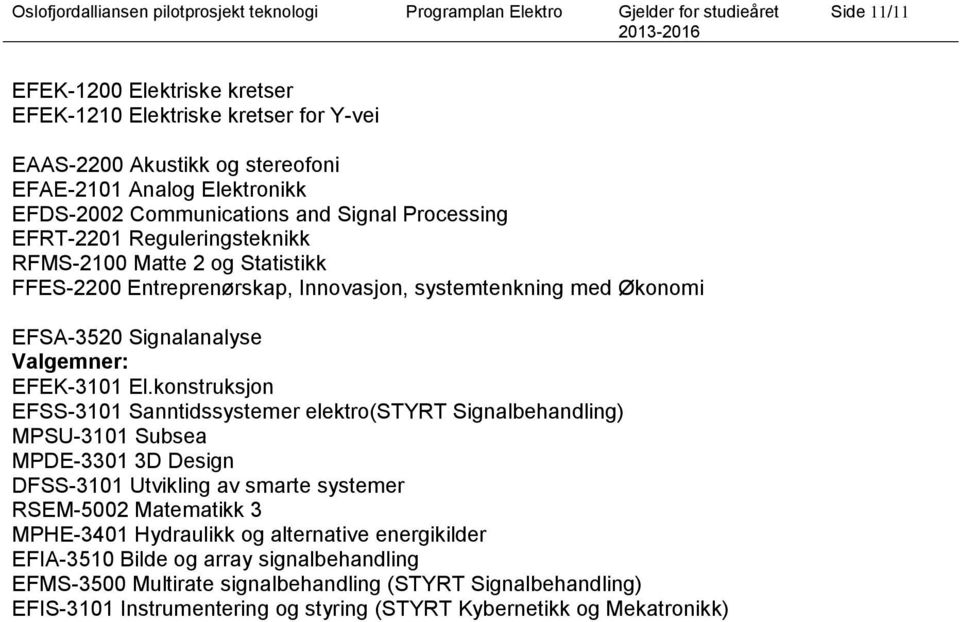 konstruksjon EFSS-3101 Sanntidssystemer elektro(styrt Signalbehandling) MPSU-3101 Subsea MPDE-3301 3D Design DFSS-3101 Utvikling av smarte systemer RSEM-5002 Matematikk 3 MPHE-3401