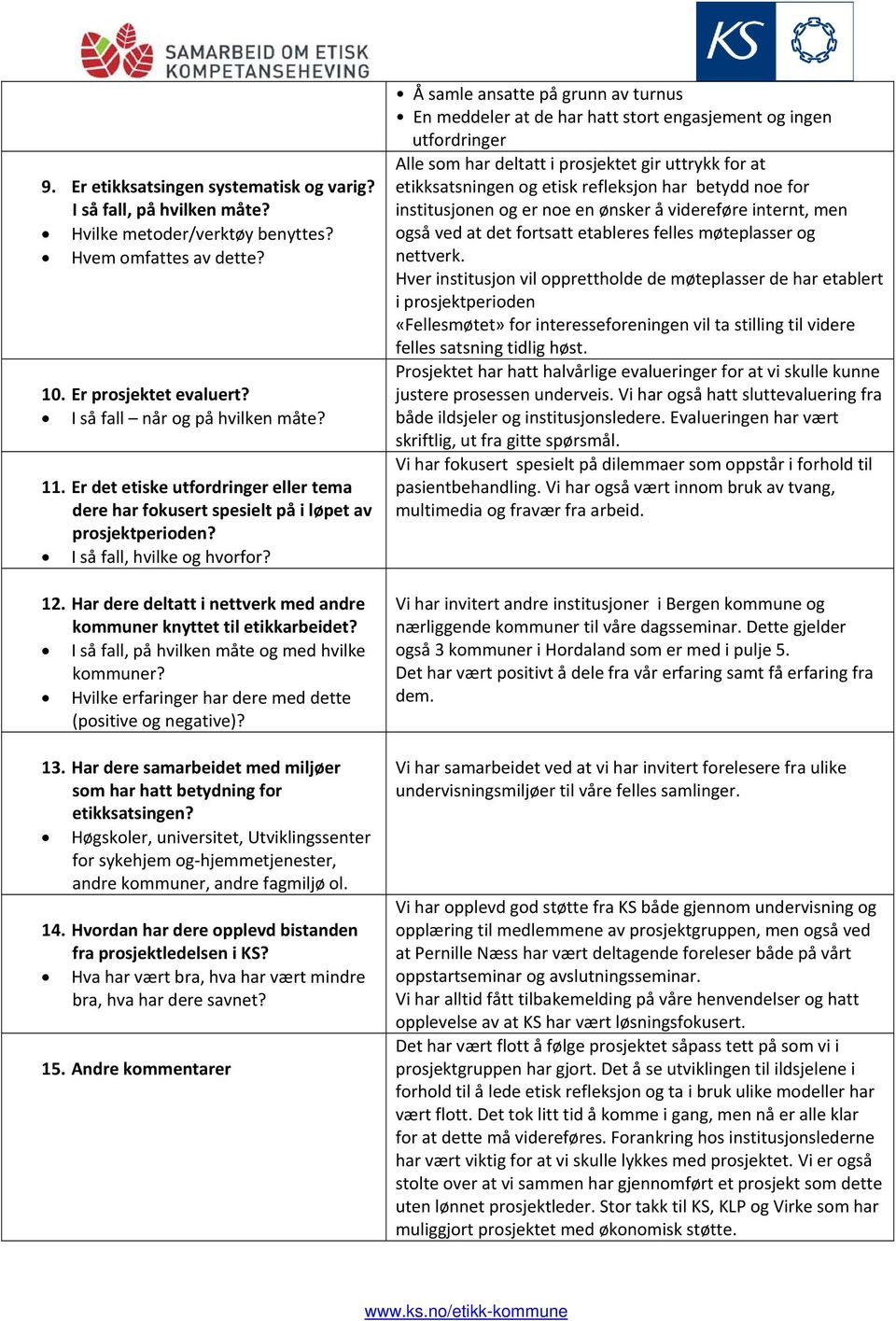 Har dere deltatt i nettverk med andre kommuner knyttet til etikkarbeidet? I så fall, på hvilken måte og med hvilke kommuner? Hvilke erfaringer har dere med dette (positive og negative)? 13.