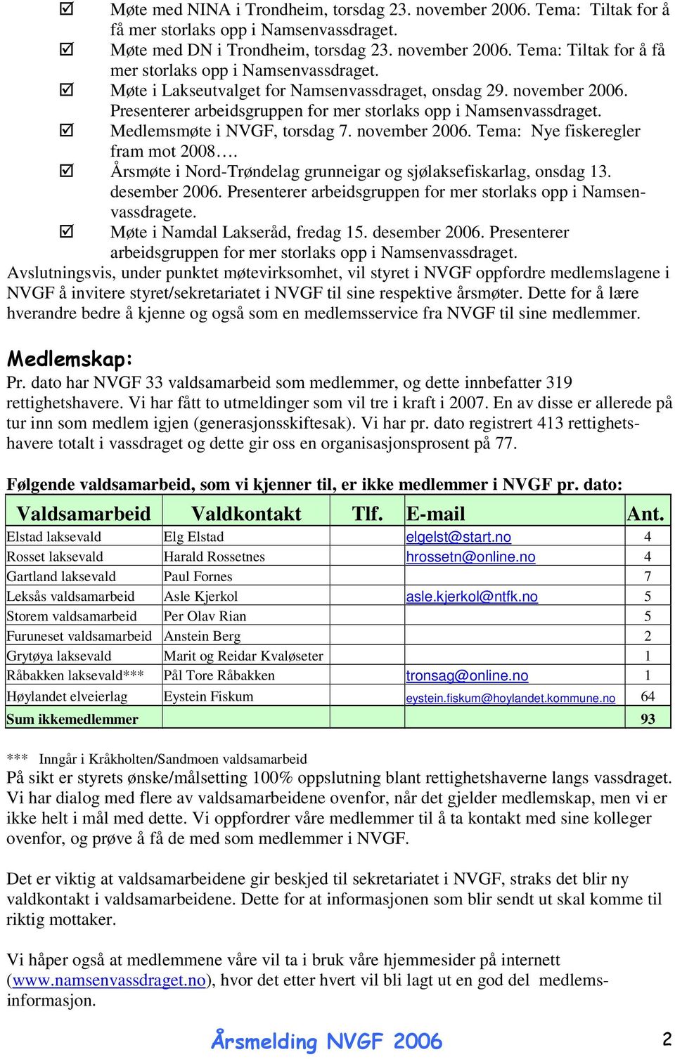 Årsmøte i Nord-Trøndelag grunneigar og sjølaksefiskarlag, onsdag 13. desember 2006. Presenterer arbeidsgruppen for mer storlaks opp i Namsenvassdragete. Møte i Namdal Lakseråd, fredag 15.