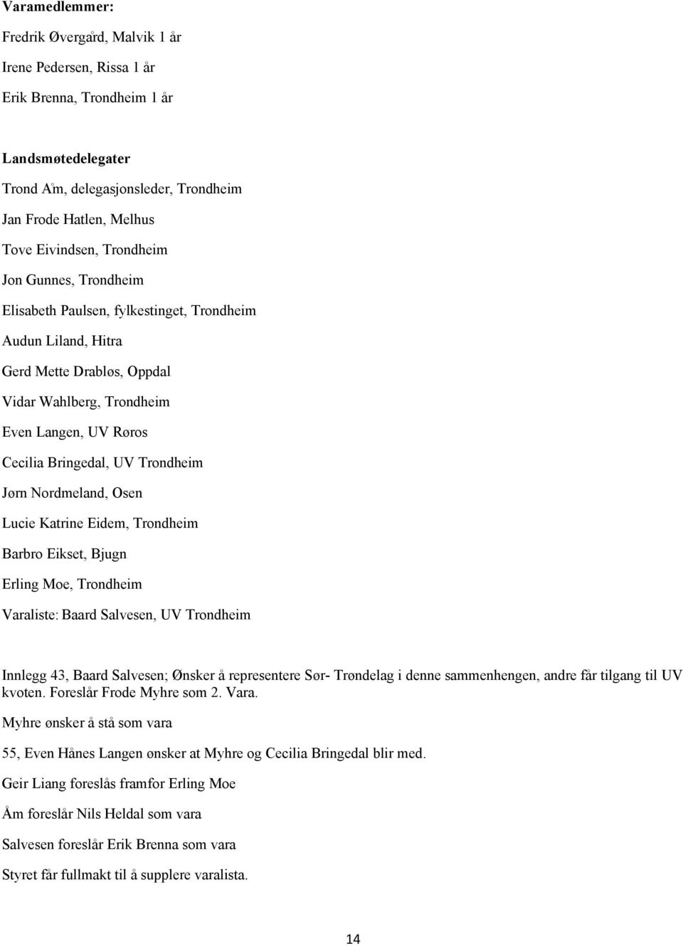 Trondheim Jørn Nordmeland, Osen Lucie Katrine Eidem, Trondheim Barbro Eikset, Bjugn Erling Moe, Trondheim Varaliste: Baard Salvesen, UV Trondheim Innlegg 43, Baard Salvesen; Ønsker å representere