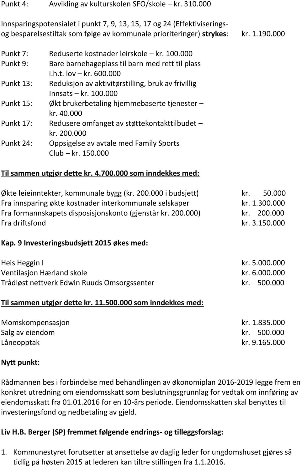 000 Punkt 13: Reduksjon av aktivitørstilling, bruk av frivillig Innsats kr. 100.000 Punkt 15: Økt brukerbetaling hjemmebaserte tjenester kr. 40.