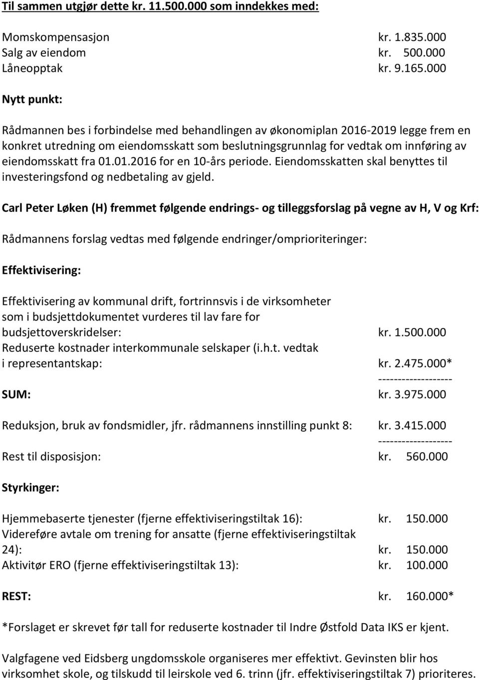 fra 01.01.2016 for en 10-års periode. Eiendomsskatten skal benyttes til investeringsfond og nedbetaling av gjeld.