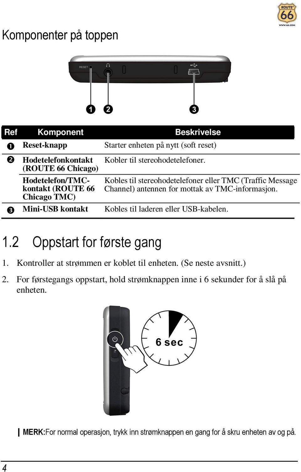 mottak av TMC-informasjon. Kobles til laderen eller USB-kabelen. 1.2 Oppstart for første gang 1. Kontroller at strømmen er koblet til enheten. (Se neste avsnitt.