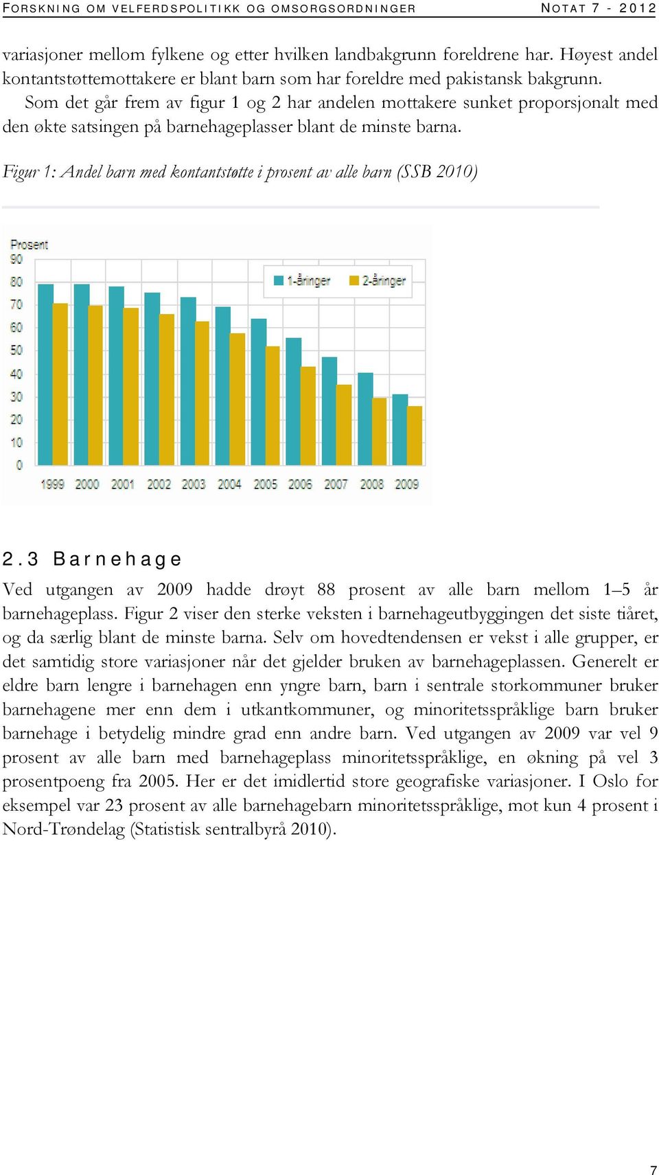 Som det går frem av figur 1 og 2 har andelen mottakere sunket proporsjonalt med den økte satsingen på barnehageplasser blant de minste barna.