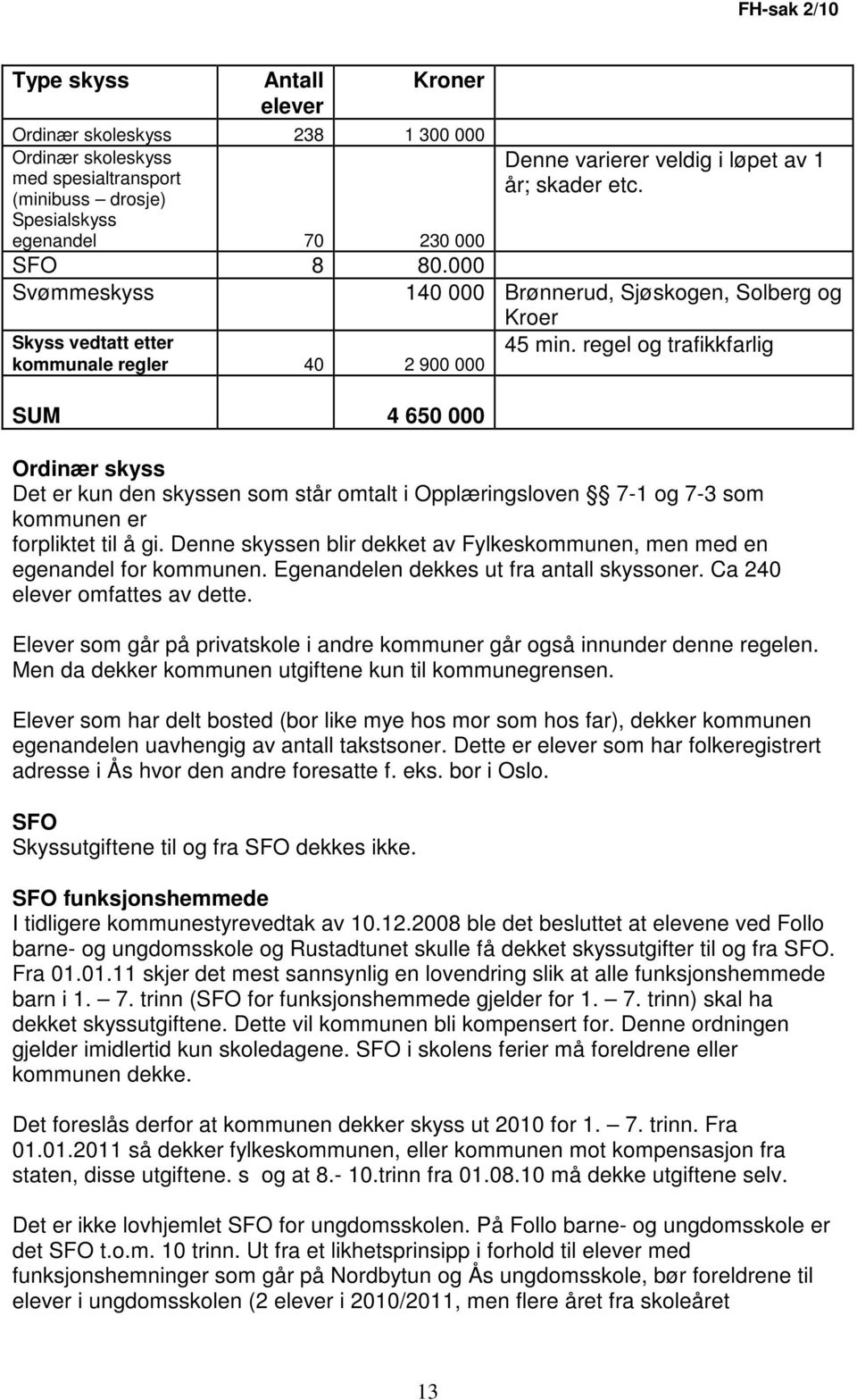 regel og trafikkfarlig Ordinær skyss Det er kun den skyssen som står omtalt i Opplæringsloven 7-1 og 7-3 som kommunen er forpliktet til å gi.