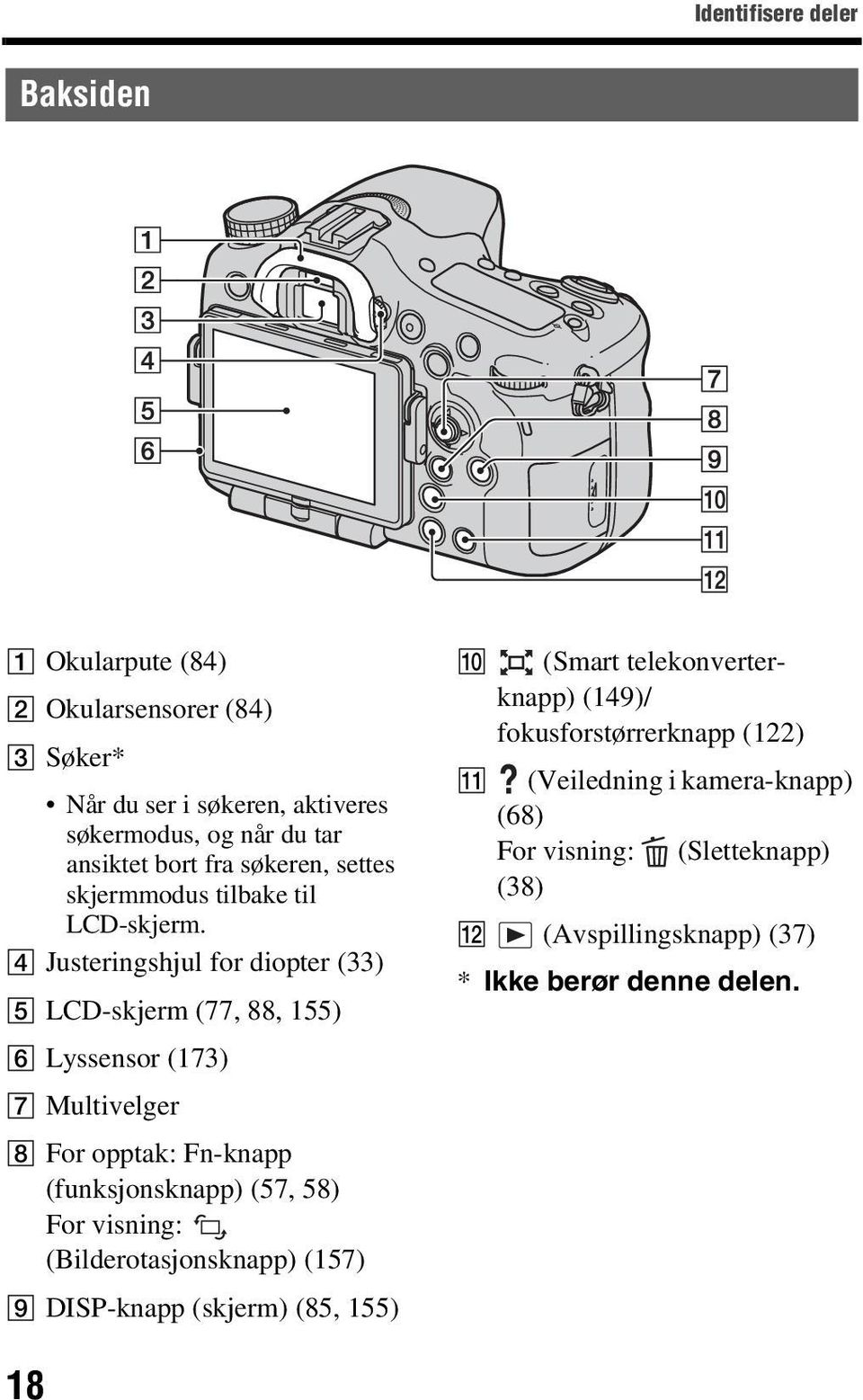 D Justeringshjul for diopter (33) E LCD-skjerm (77, 88, 155) F Lyssensor (173) G Multivelger H For opptak: Fn-knapp (funksjonsknapp) (57, 58) For