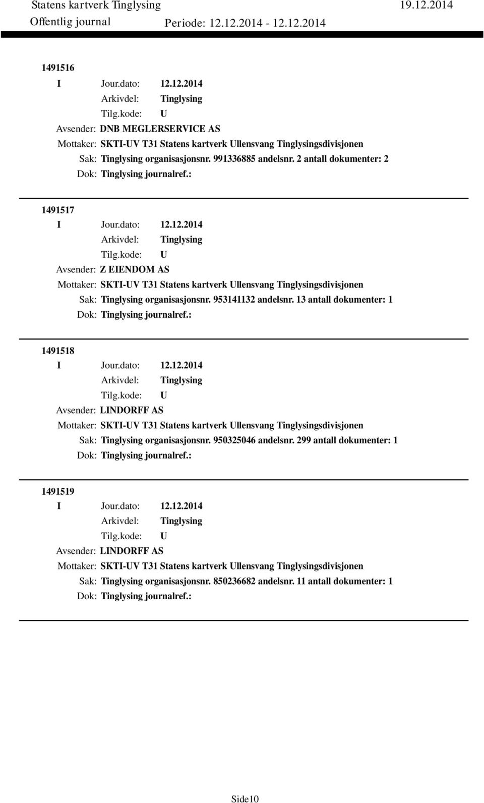 13 antall dokumenter: 1 Dok: journalref.: 1491518 Avsender: LINDORFF AS Mottaker: SKTI-V T31 Statens kartverk llensvang sdivisjonen Sak: organisasjonsnr. 950325046 andelsnr.