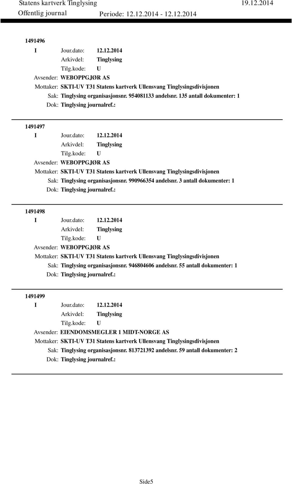 3 antall dokumenter: 1 Dok: journalref.: 1491498 Avsender: WEBOPPGJØR AS Mottaker: SKTI-V T31 Statens kartverk llensvang sdivisjonen Sak: organisasjonsnr. 946804606 andelsnr.