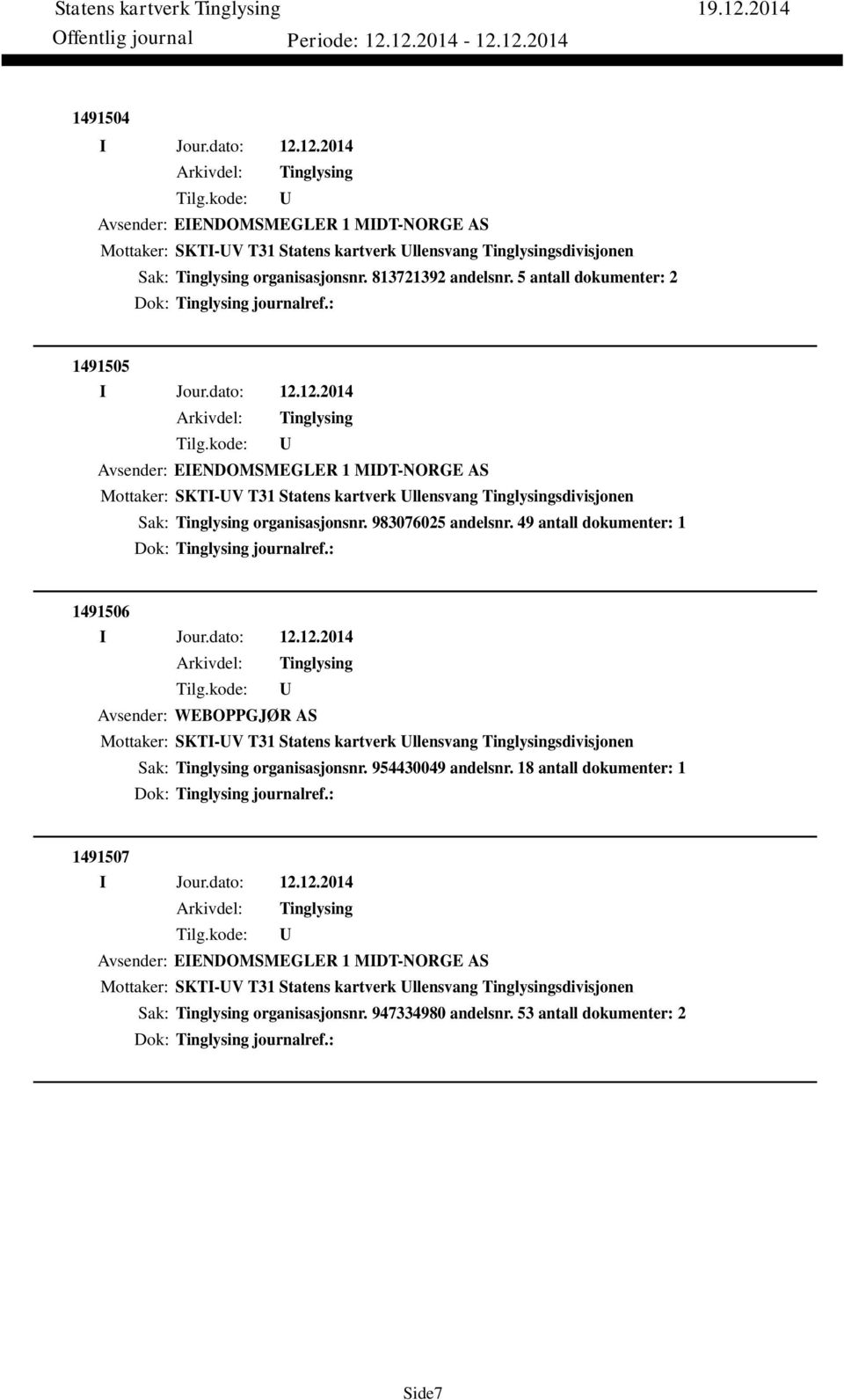 49 antall dokumenter: 1 Dok: journalref.: 1491506 Avsender: WEBOPPGJØR AS Mottaker: SKTI-V T31 Statens kartverk llensvang sdivisjonen Sak: organisasjonsnr. 954430049 andelsnr.