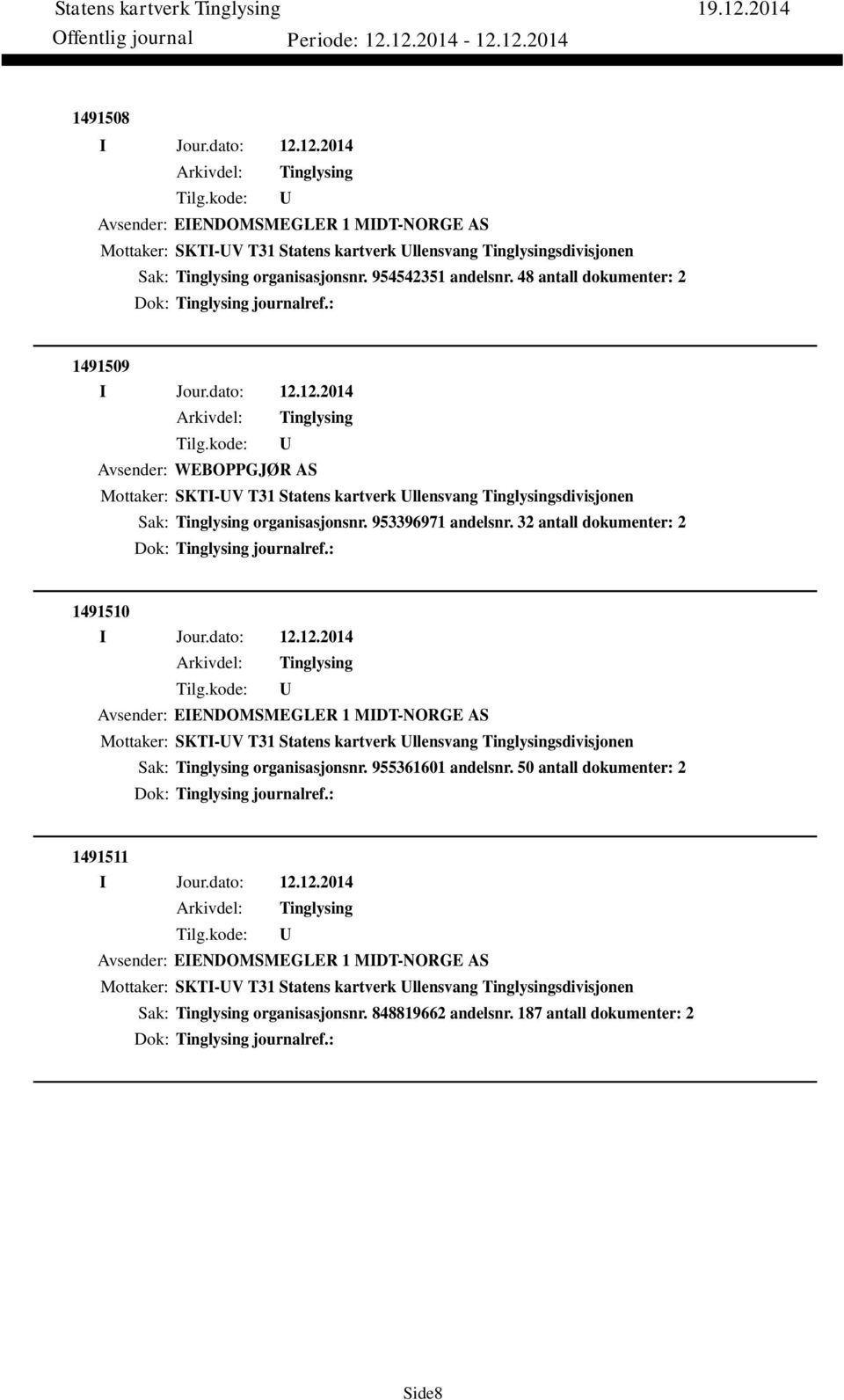 32 antall dokumenter: 2 Dok: journalref.: 1491510 Avsender: EIENDOMSMEGLER 1 MIDT-NORGE AS Mottaker: SKTI-V T31 Statens kartverk llensvang sdivisjonen Sak: organisasjonsnr. 955361601 andelsnr.