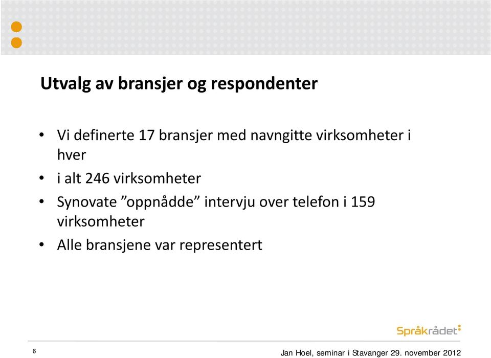 oppnådde intervju over telefon i 159 virksomheter Alle