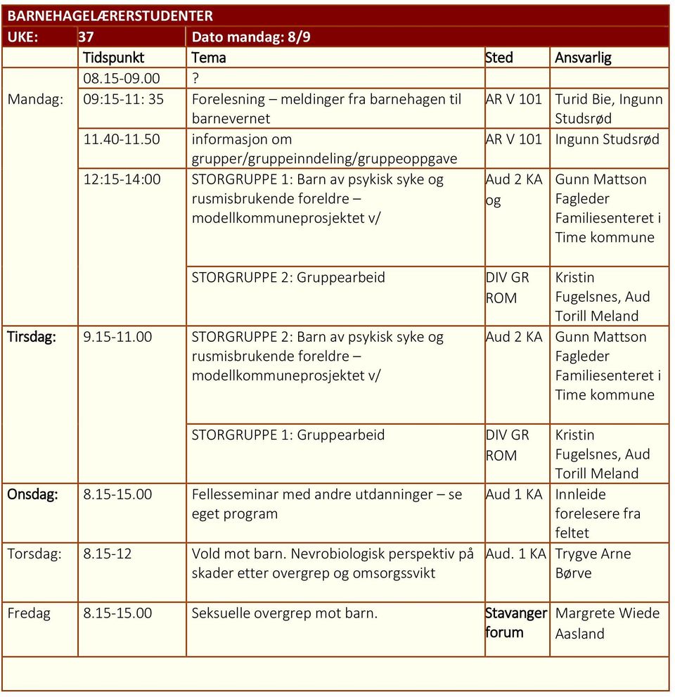 50 informasjon om grupper/gruppeinndeling/gruppeoppgave AR V 101 Ingunn Studsrød 12:15-14:00 STORGRUPPE 1: Barn av psykisk syke og rusmisbrukende foreldre modellkommuneprosjektet v/ Aud 2 KA og Gunn