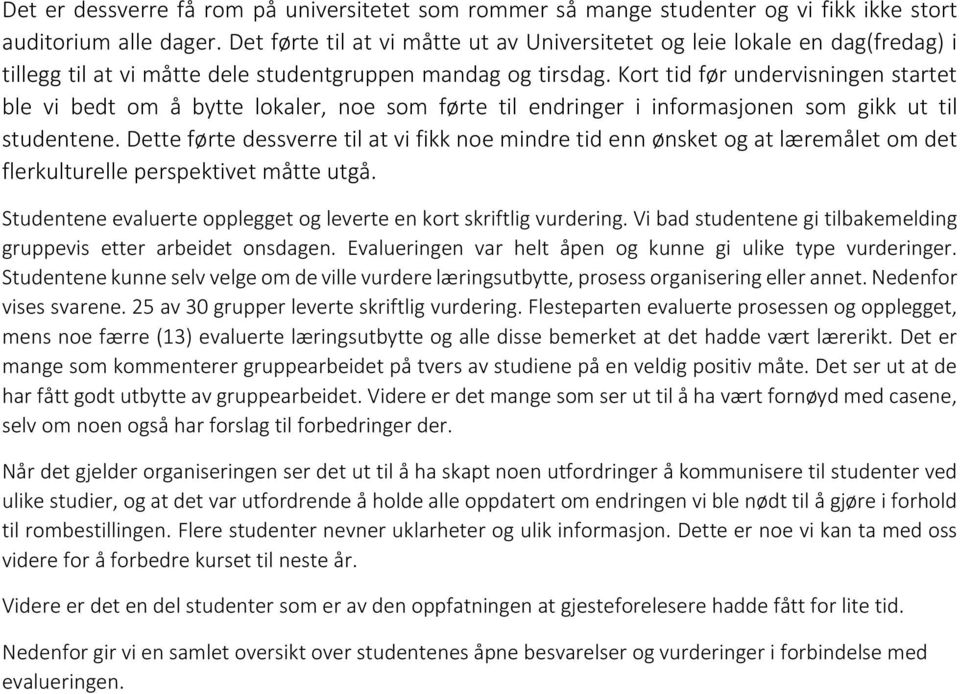 Kort tid før undervisningen startet ble vi bedt om å bytte lokaler, noe som førte til endringer i informasjonen som gikk ut til studentene.