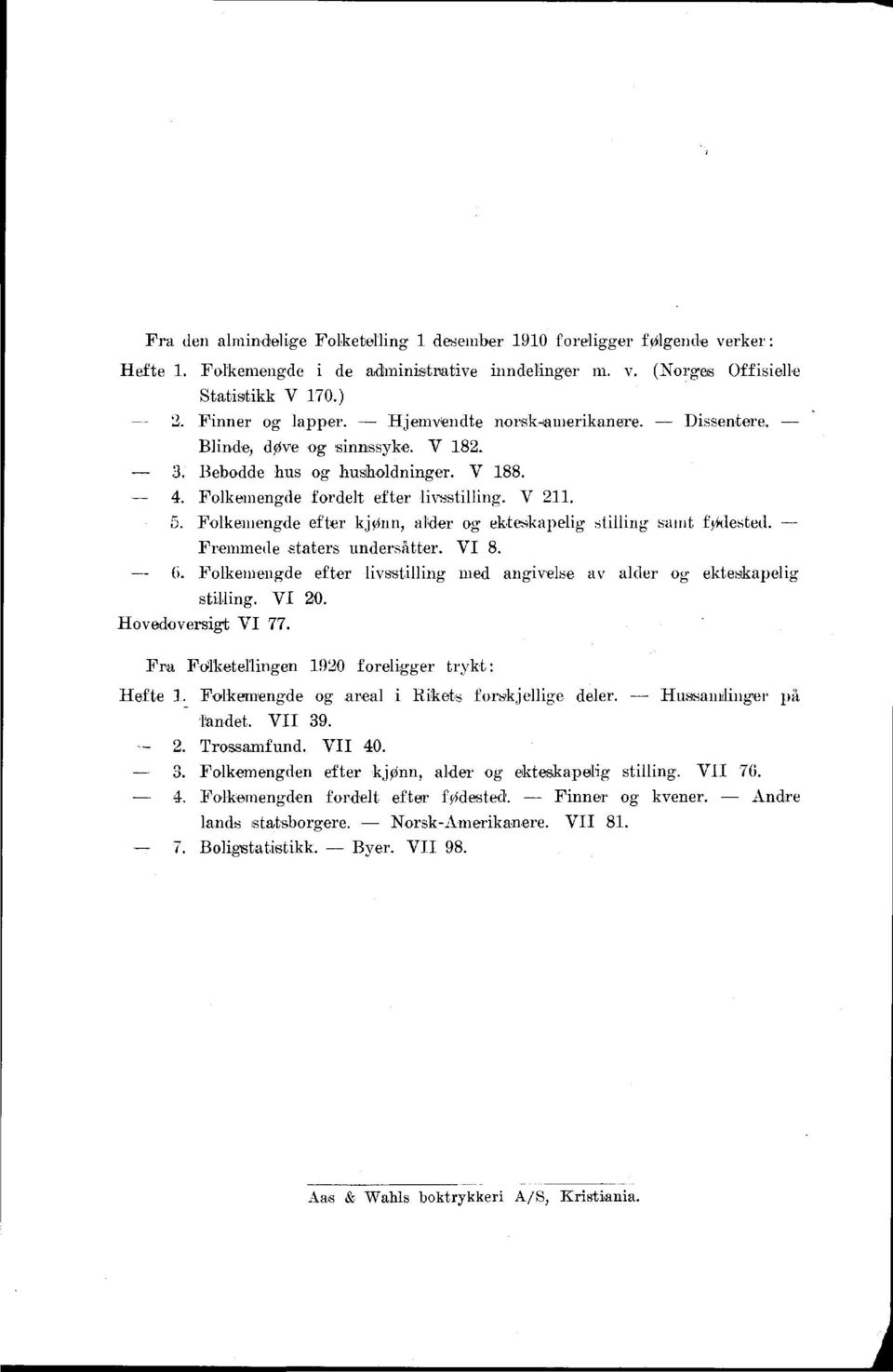 Fremmede staters undersåtter. VI.. Folkemengde efter lvsstllng med angvelse av alder og ekteskapelg stllng. VI 0. Hovedoversgt VI. Fra Folketellngen 0 forelgger trykt: Hefte.