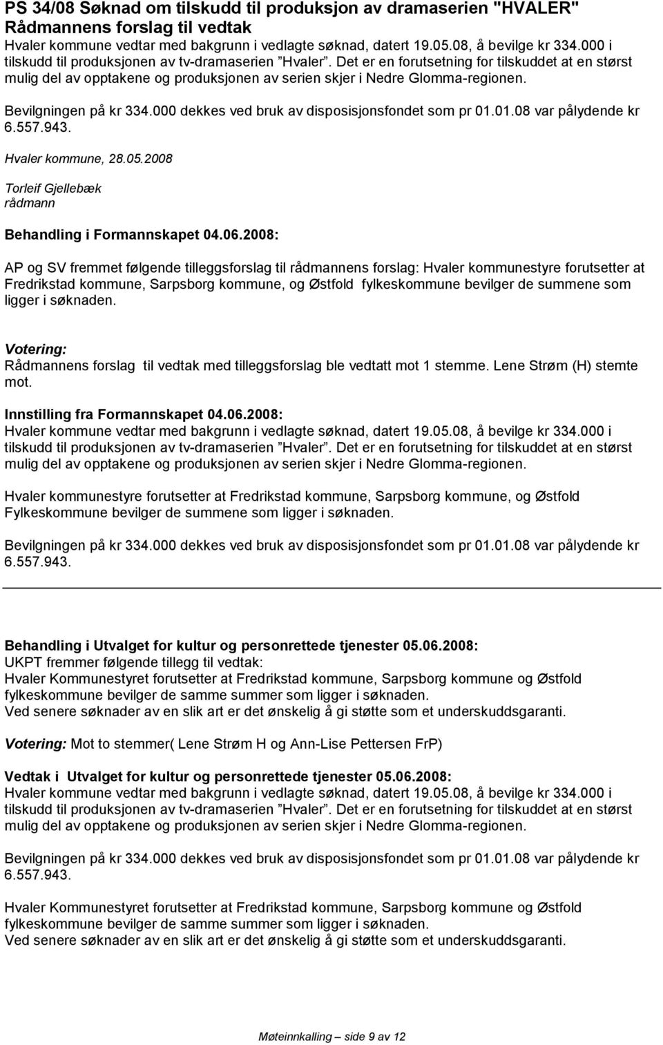 Bevilgningen på kr 334.000 dekkes ved bruk av disposisjonsfondet som pr 01.01.08 var pålydende kr 6.557.943. Hvaler kommune, 28.05.2008 Behandling i Formannskapet 04.06.