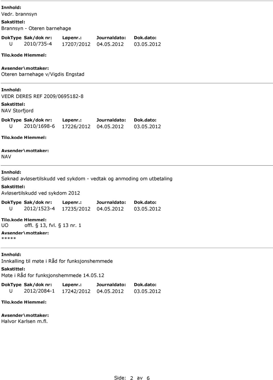 anmoding om utbetaling Avløsertilskudd ved sykdom 2012 O 2012/1523-4 17235/2012 nnkalling til møte i Råd for