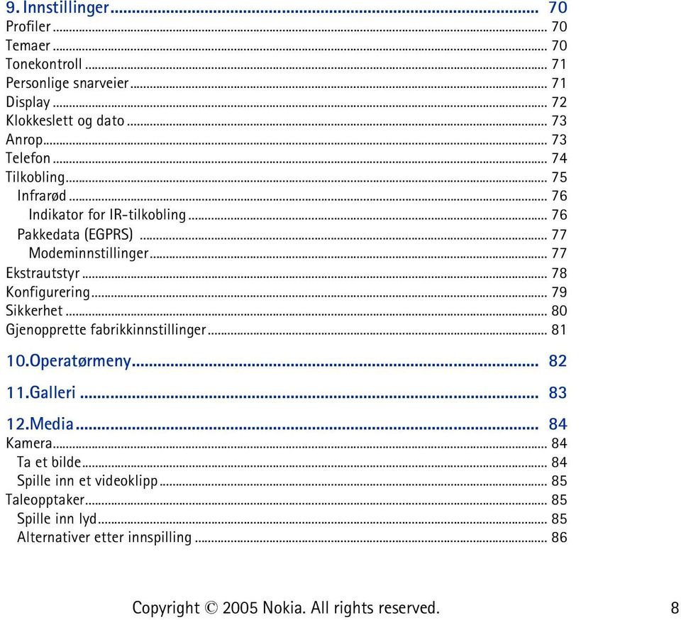 .. 77 Ekstrautstyr... 78 Konfigurering... 79 Sikkerhet... 80 Gjenopprette fabrikkinnstillinger... 81 10.Operatørmeny... 82 11.Galleri... 83 12.