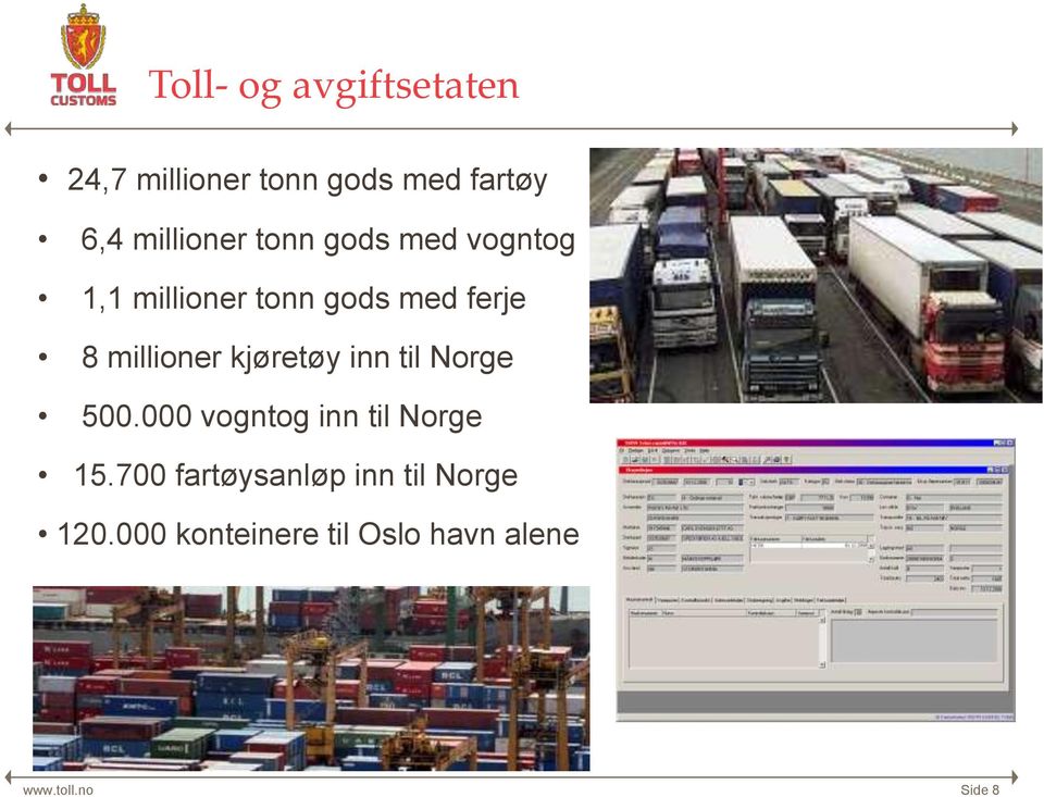 millioner kjøretøy inn til Norge 500.000 vogntog inn til Norge 15.