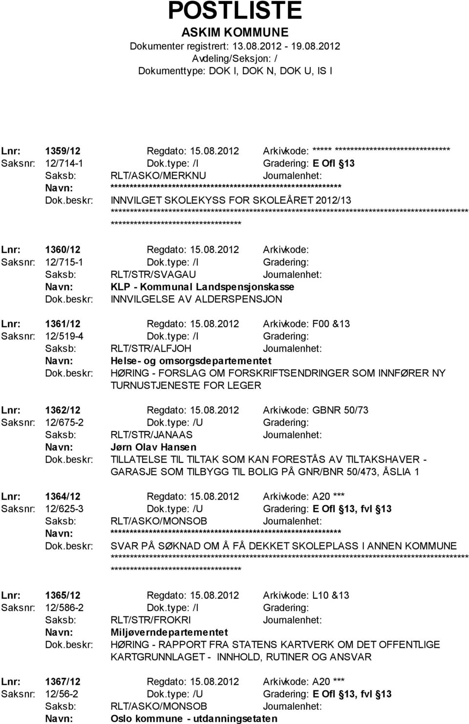 2012 Arkivkode: Saksnr: 12/715-1 Dok.type: /I Gradering: Saksb: RLT/STR/SVAGAU Journalenhet: KLP - Kommunal Landspensjonskasse INNVILGELSE AV ALDERSPENSJON Lnr: 1361/12 Regdato: 15.08.