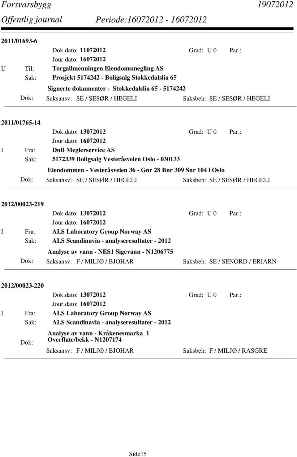 HEGELI 2011/01765-14 I Fra: DnB Meglerservice AS Sak: 5172339 Boligsalg Vesteråsveien Oslo - 030133 Eiendommen - Vesteråsveien 36 - Gnr 28 Bnr 309 Snr 104 i Oslo Saksansv: SE / SESØR / HEGELI