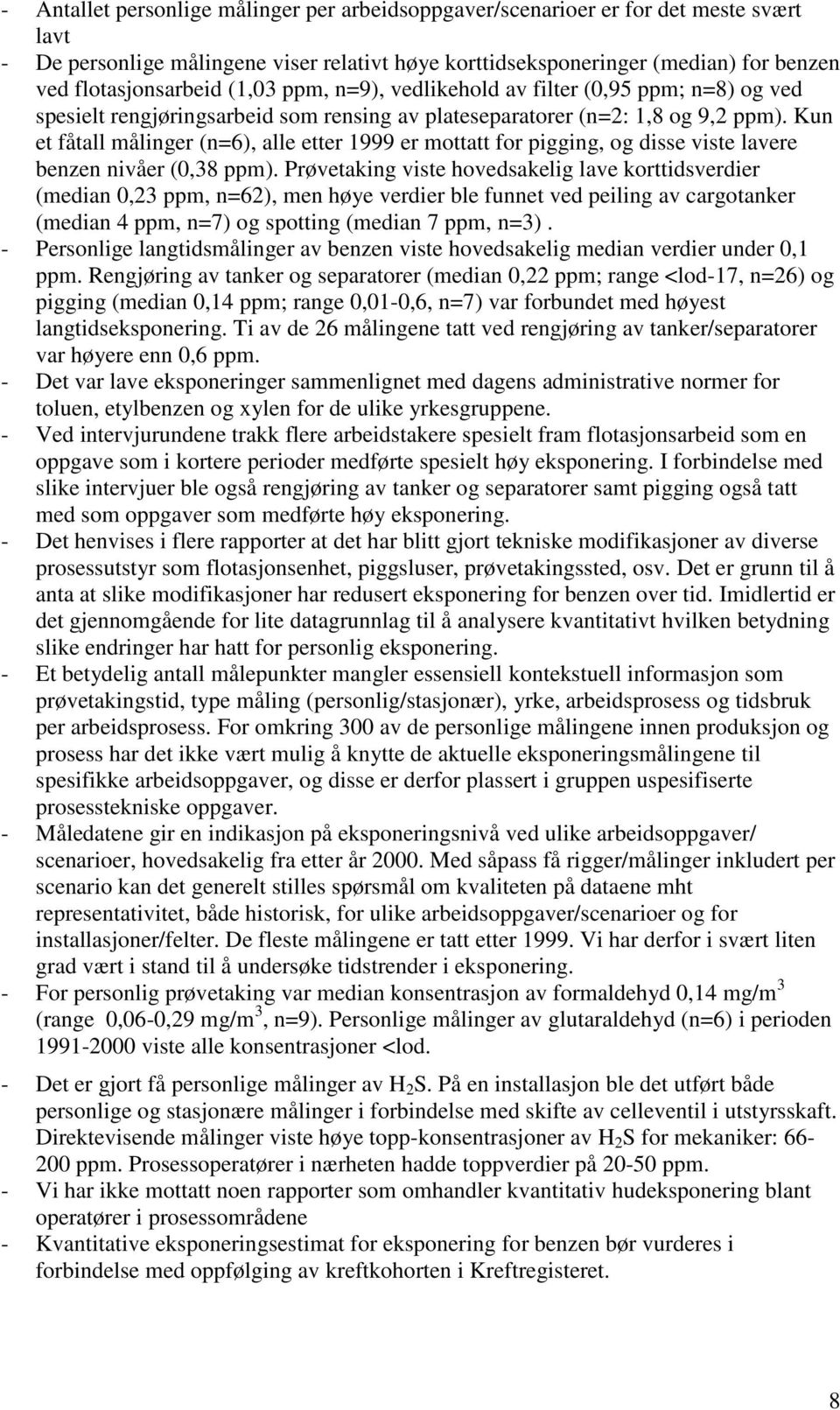 Kun et fåtall målinger (n=6), alle etter 1999 er mottatt for pigging, og disse viste lavere benzen nivåer (0,38 ppm).