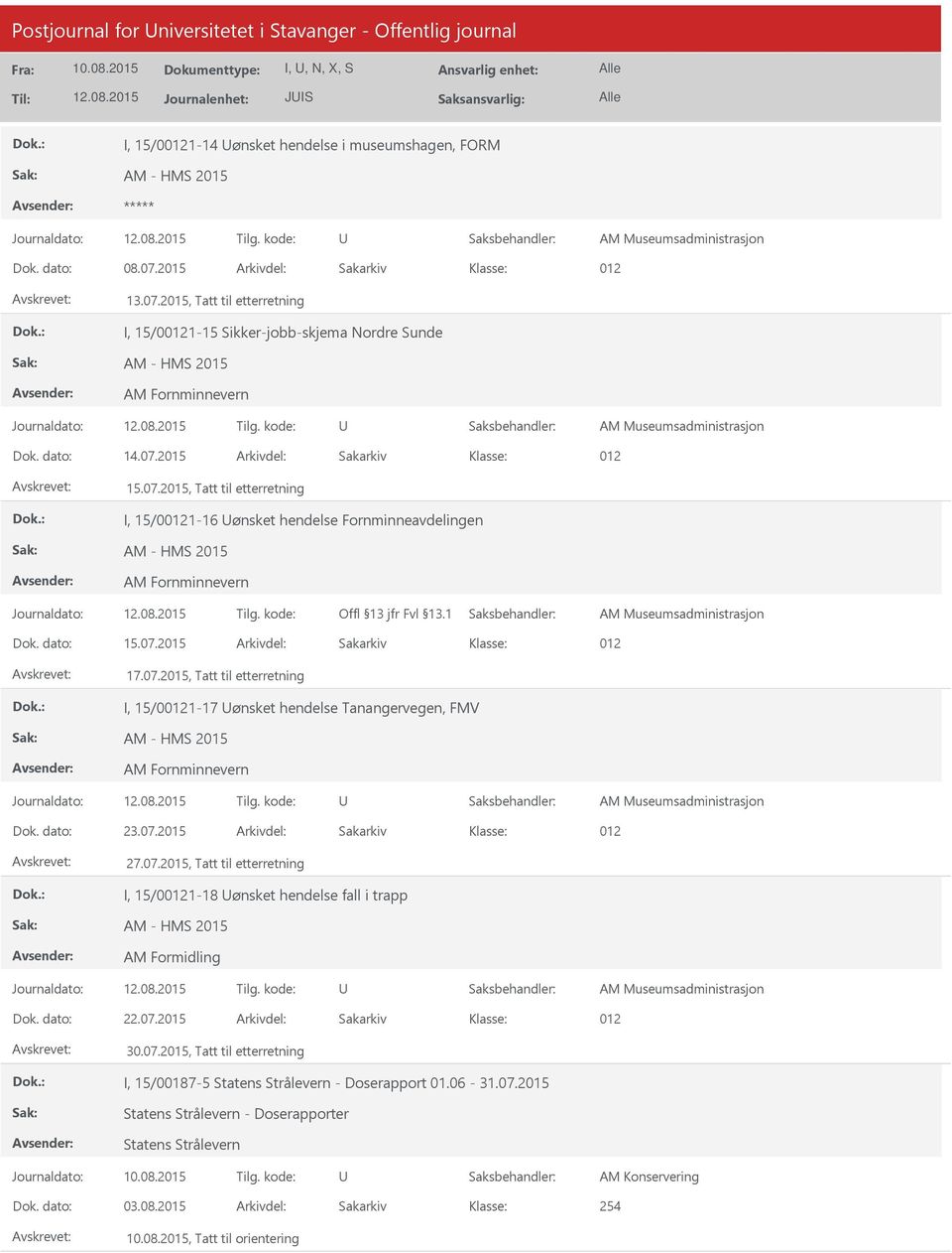 dato: 15.07.2015 Arkivdel: Sakarkiv 012 17.07.2015, Tatt til etterretning I, 15/00121-17 ønsket hendelse Tanangervegen, FMV AM - HMS 2015 Dok. dato: 23.07.2015 Arkivdel: Sakarkiv 012 27.07.2015, Tatt til etterretning I, 15/00121-18 ønsket hendelse fall i trapp AM - HMS 2015 AM Formidling Dok.