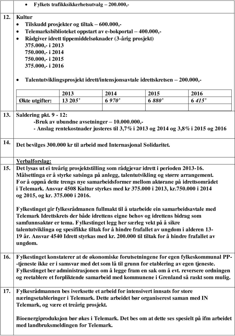 000,- 2013 2014 2015 2016 Økte utgifter: 13 205 6 970 6 880 6 415 13. Saldering pkt. 9-12: -Bruk av ubundne avsetninger 10.000.000,- - Anslag rentekostnader justeres til 3,7% i 2013 og 2014 og 3,8% i 2015 og 2016 14.