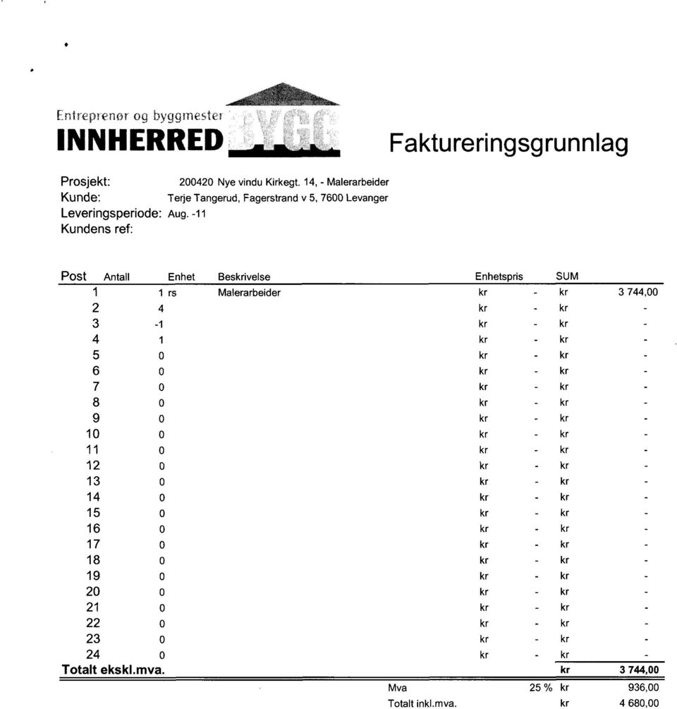 -11 Kundens ref: Post Antall Enhet Beskrivelse Enhetspris SUM 1 1 rs Malerarbeider 3 744,00 2 4 3-1 4 i 5 0 6