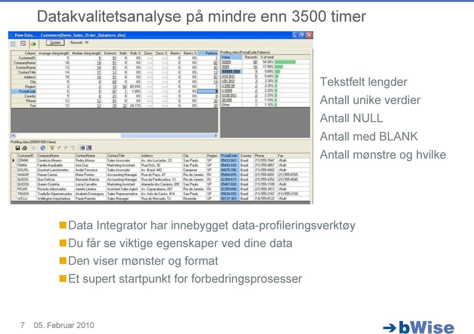 innebygget data-profileringsverktøy Du får se viktige egenskaper ved dine data Den