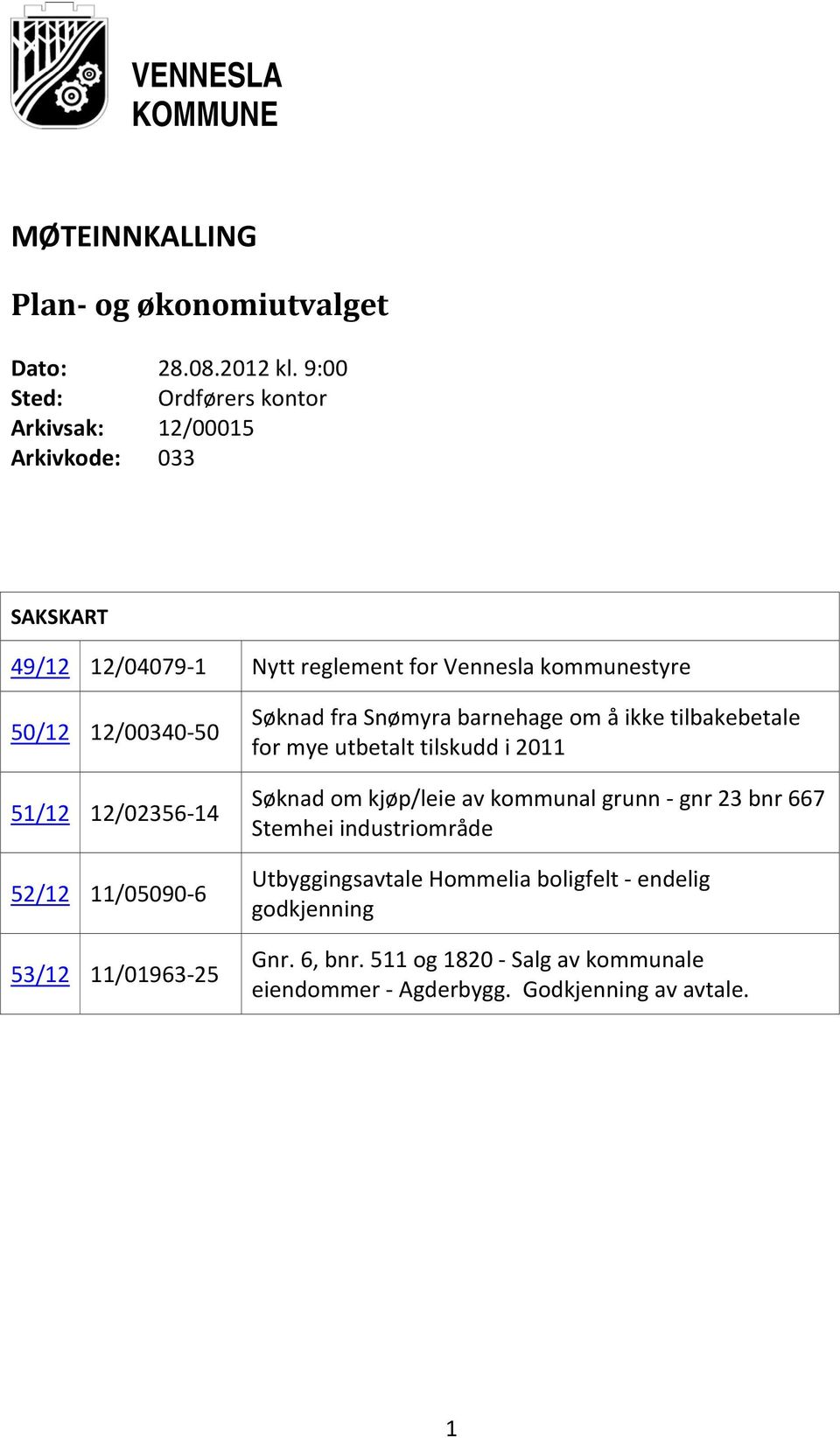 50 51/12 12/02356 14 52/12 11/05090 6 53/12 11/01963 25 Søknad fra Snømyra barnehage om å ikke tilbakebetale for mye utbetalt tilskudd i 2011