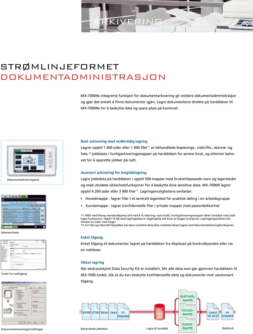 Lagre directly dokumentene on the MX-7000N s direkte på harddisken disk to til MX-7000Ns protect data and å beskytte save valuable data og office spare space. plass på kontoret.