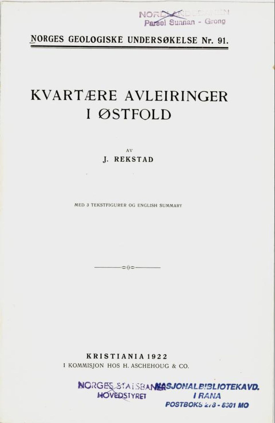 REKSTAD MED 3 TEKSTFIGURER OG ENGLISH SUMMARY oqo I KRISTIANIA 1922