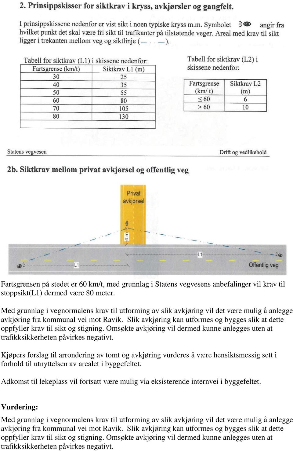 Slik avkjøring kan utformes og bygges slik at dette oppfyller krav til sikt og stigning. Omsøkte avkjøring vil dermed kunne anlegges uten at trafikksikkerheten påvirkes negativt.