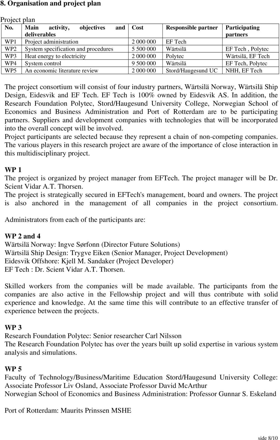 Tech, Polytec WP3 Heat energy to electricity 2 000 000 Polytec Wärtsilä, EF Tech WP4 System control 9 500 000 Wärtsilä EF Tech, Polytec WP5 An economic literature review 2 000 000 Stord/Haugesund UC