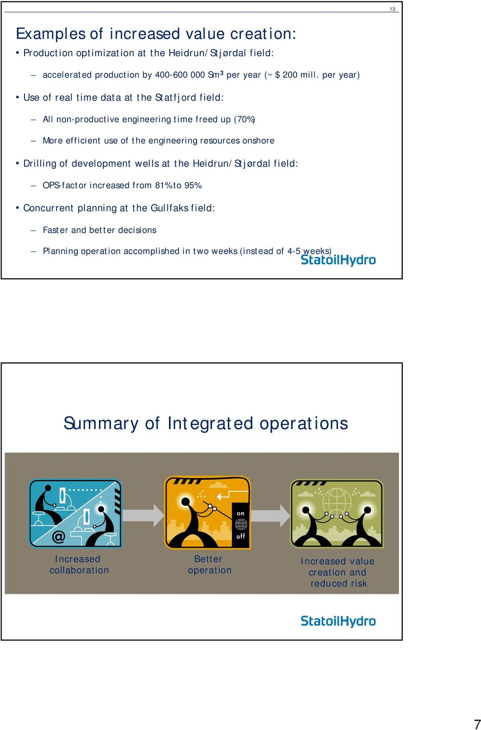 development wells at the Heidrun/Stjørdal field: OPS-factor increased from 81% to 95% Concurrent planning at the Gullfaks field: Faster and better decisions Planning operation