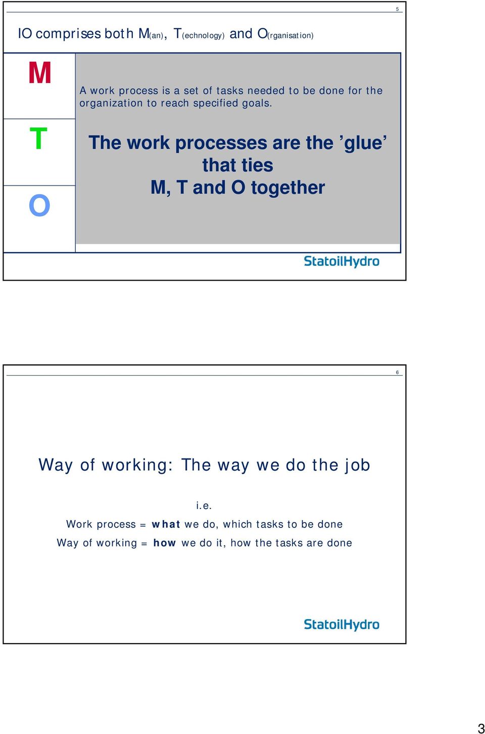 TECHNOLOGY The work processes are the glue that ties M, T and O together Facilities, working arenas, tools, software and other remedies used.