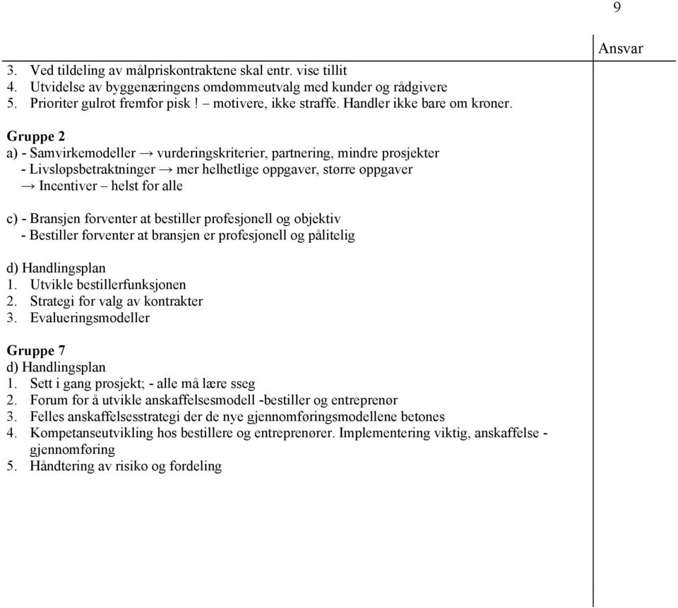 Gruppe 2 a) - Samvirkemodeller vurderingskriterier, partnering, mindre prosjekter - Livsløpsbetraktninger mer helhetlige oppgaver, større oppgaver Incentiver helst for alle c) - Bransjen forventer at