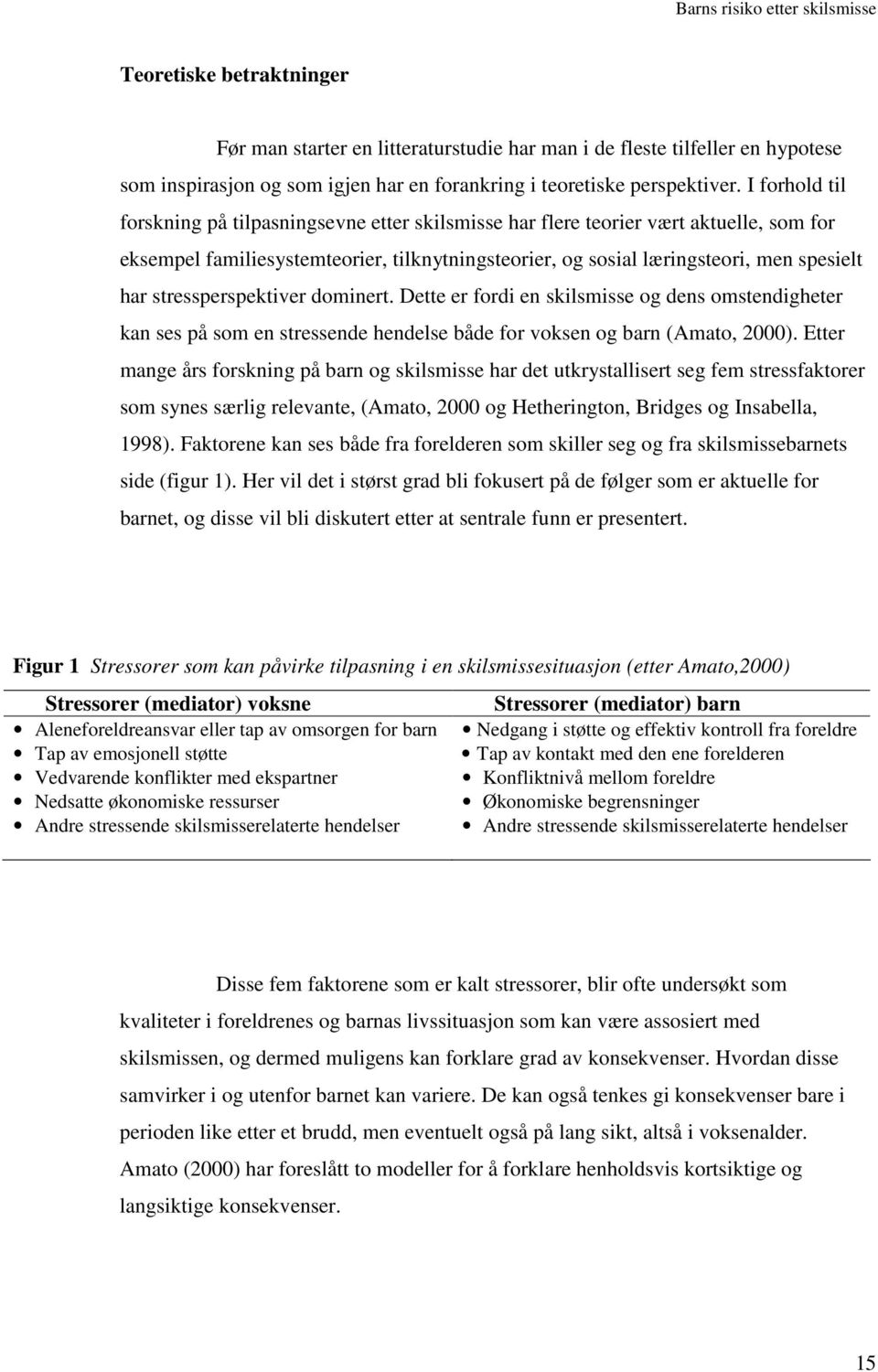 stressperspektiver dominert. Dette er fordi en skilsmisse og dens omstendigheter kan ses på som en stressende hendelse både for voksen og barn (Amato, 2000).