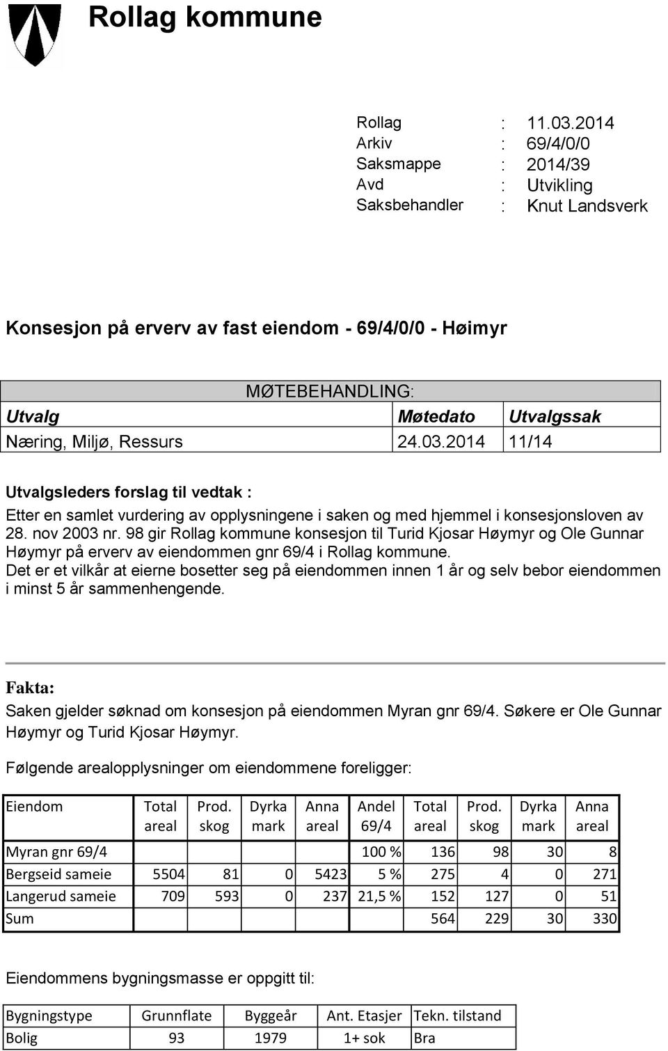 Miljø, Ressurs 24.03.2014 11/14 Utvalgsleders forslag til vedtak : Etter en samlet vurdering av opplysningene i saken og med hjemmel i konsesjonsloven av 28. nov 2003 nr.