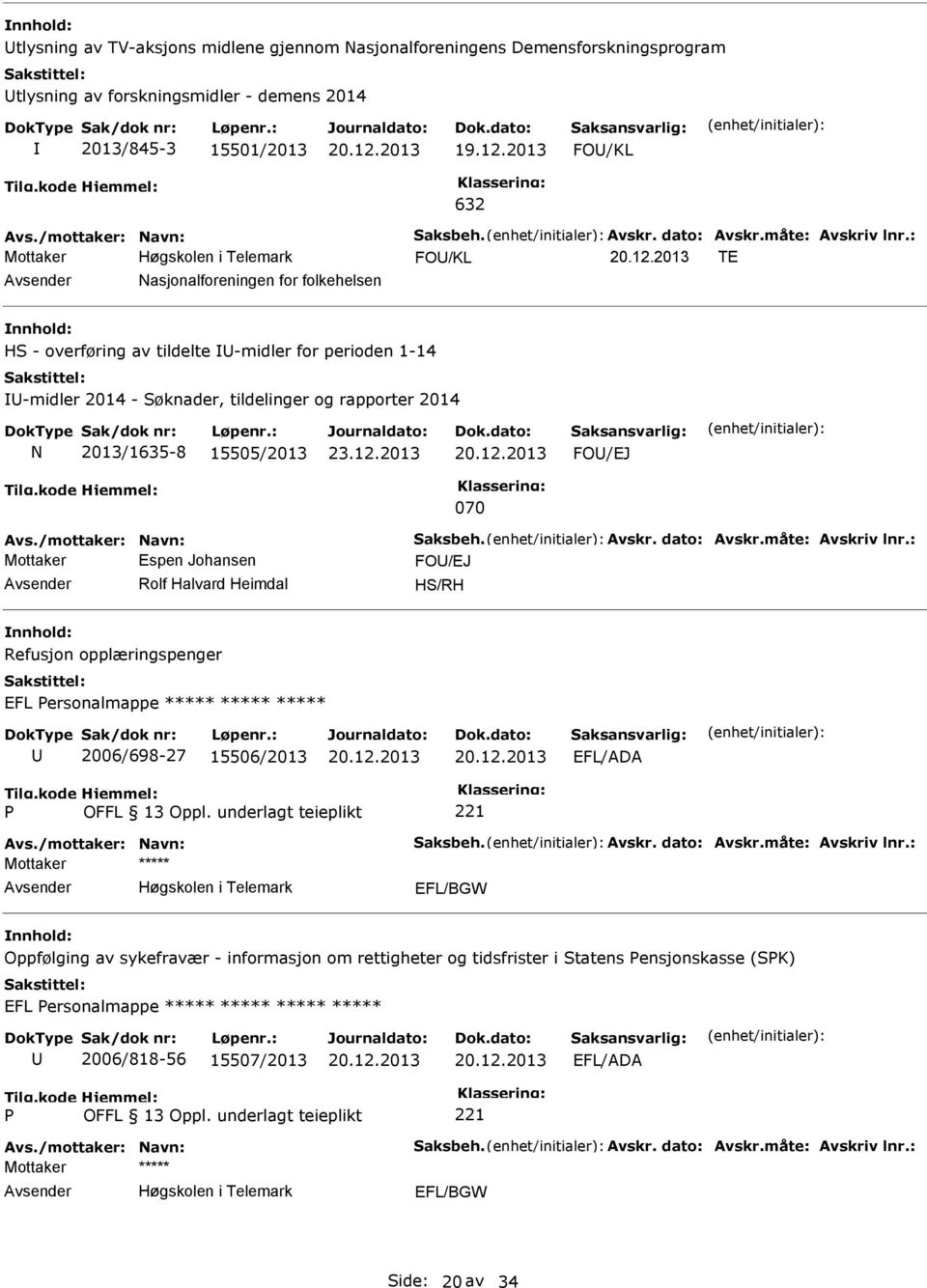 : FO/KL TE Nasjonalforeningen for folkehelsen H - overføring av tildelte -midler for perioden 1-14 -midler 2014 - øknader, tildelinger og rapporter 2014 N 2013/1635-8 15505/2013 FO/EJ 070 Avs.