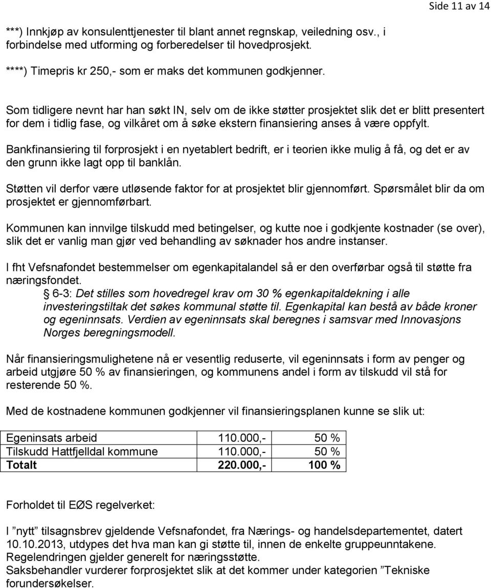 Som tidligere nevnt har han søkt IN, selv om de ikke støtter prosjektet slik det er blitt presentert for dem i tidlig fase, og vilkåret om å søke ekstern finansiering anses å være oppfylt.