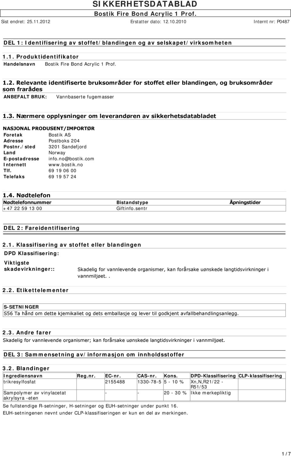 Nærmere opplysninger om leverandøren av sikkerhetsdatabladet NASJONAL PRODUSENT/IMPORTØR Foretak Bostik AS Adresse Postboks 204 Postnr./sted 3201 Sandefjord Land Norway E-postadresse info.no@bostik.