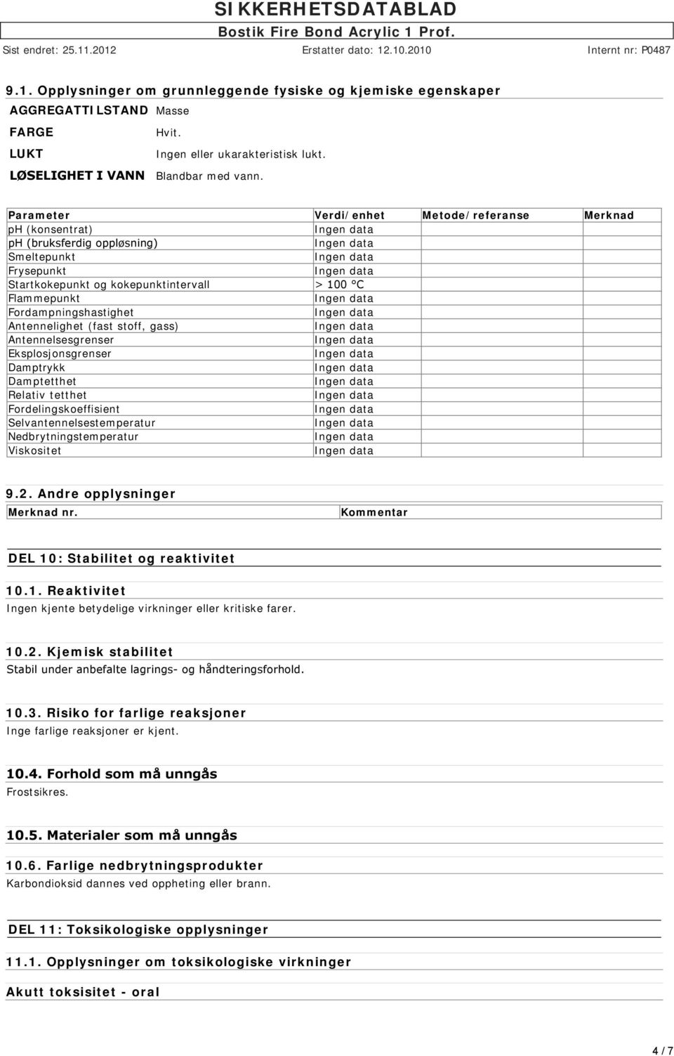 Antennelighet (fast stoff, gass) Antennelsesgrenser Eksplosjonsgrenser Damptrykk Damptetthet Relativ tetthet Fordelingskoeffisient Selvantennelsestemperatur Nedbrytningstemperatur Viskositet 9.2.