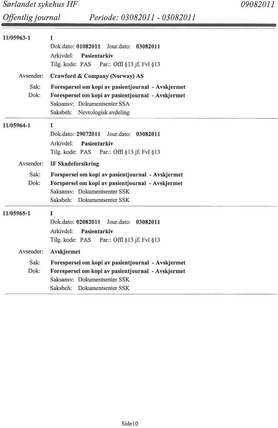 dato: 29072011 Jour.dato: 03082011 Arkivdel: Pasientarkiv Tilg. kode: PAS Par.: Offl 13jf.