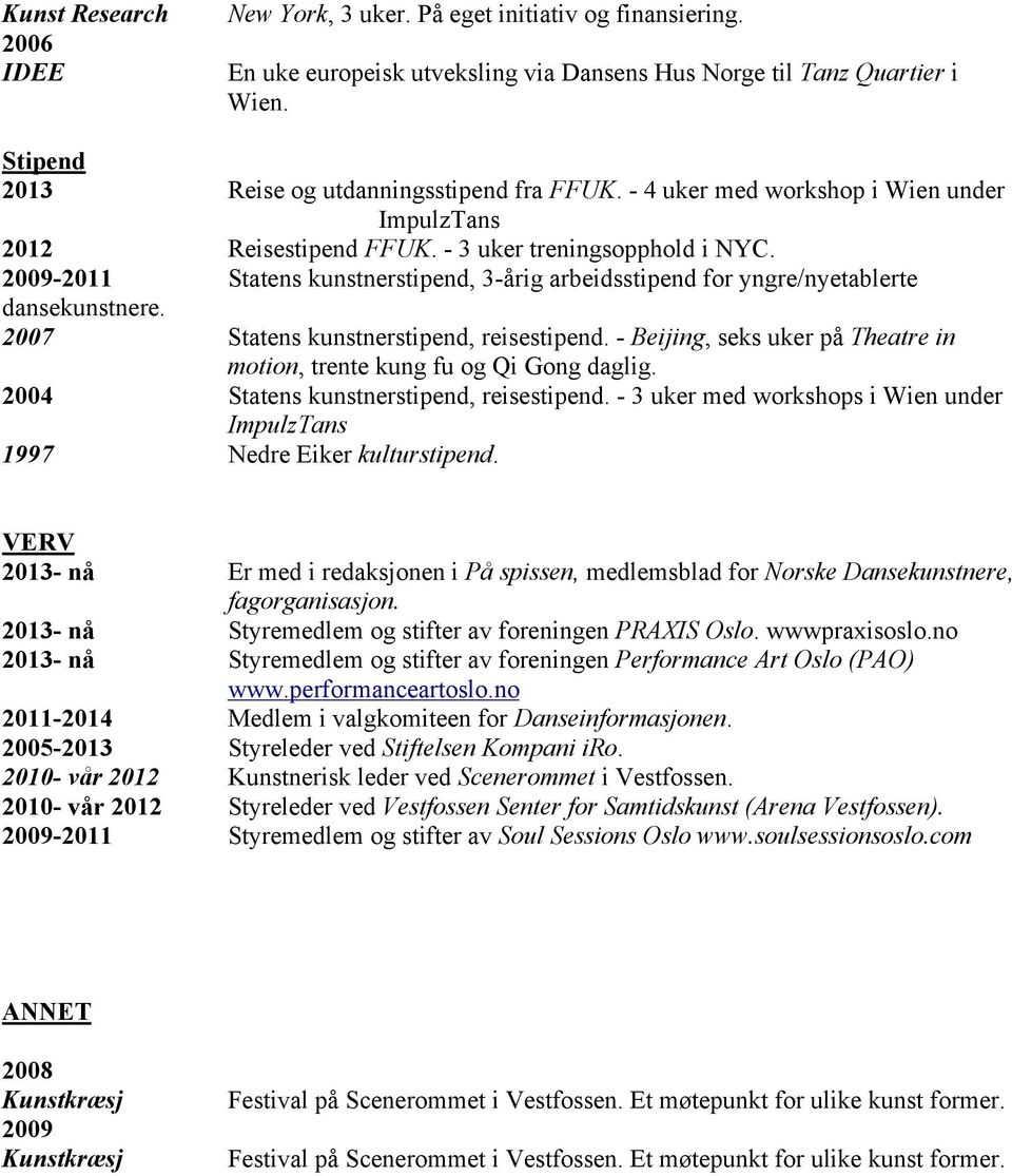 2009-2011 Statens kunstnerstipend, 3-årig arbeidsstipend for yngre/nyetablerte dansekunstnere. 2007 Statens kunstnerstipend, reisestipend.