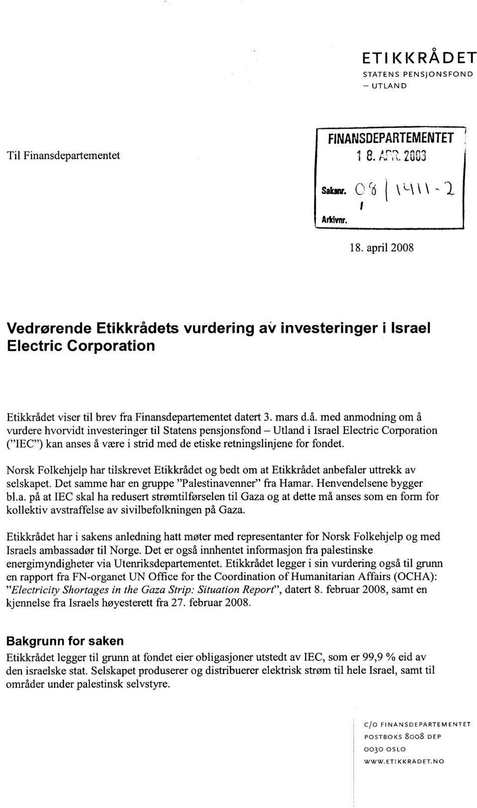 ets vurdering av investeringer i Israel Electric Corporation Etikkråd