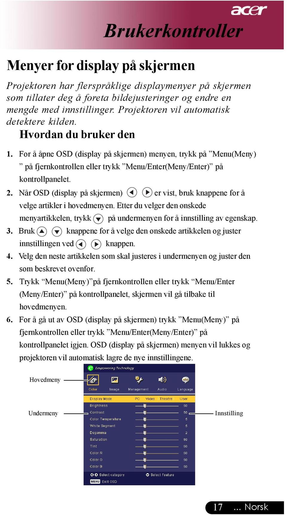 For å åpne OSD (display på skjermen) menyen, trykk på Menu(Meny) på fjernkontrollen eller trykk Menu/Enter(Meny/Enter) på kontrollpanelet. 2.